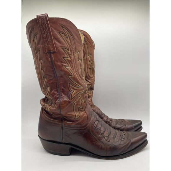 1883 Lucchese Brown Leather Caiman Inlay Snip Toe Cowboy Boots Embroider Men 8 D
